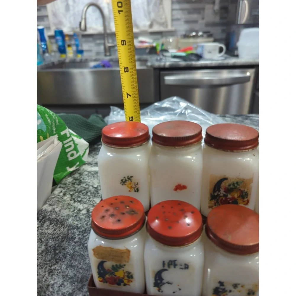 Vintage McKee Cornucopia Milk Glass Jar Spice Set With Rack